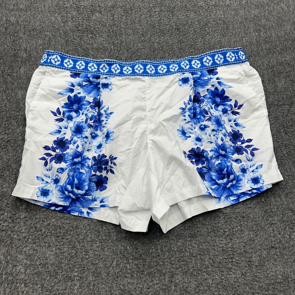 Lands End Poplin Pull On Pleated 5" Shorts Plus Womens 2X White Blue Floral